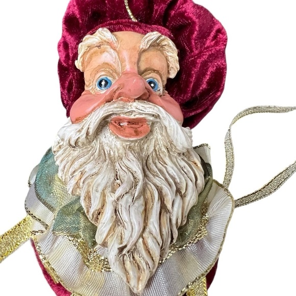 Santa Head Ornament Red Velvet Ceramic Jester? Baker? Big Eyes Gold Ribbon VTG - Picture 3 of 10